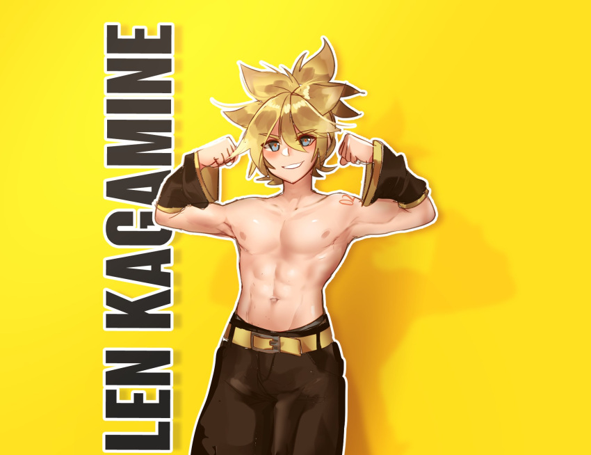 1boy abs belt biceps black_pants black_sleeves blonde_hair blue_eyes blush character_name commentary cowboy_shot detached_sleeves ei_flow english_commentary english_text flexing grin hands_up highres kagamine_len looking_at_viewer male_focus muscle pants pectorals pose shadow shirtless short_hair shoulder_tattoo smile spiky_hair standing tattoo vocaloid yellow_background