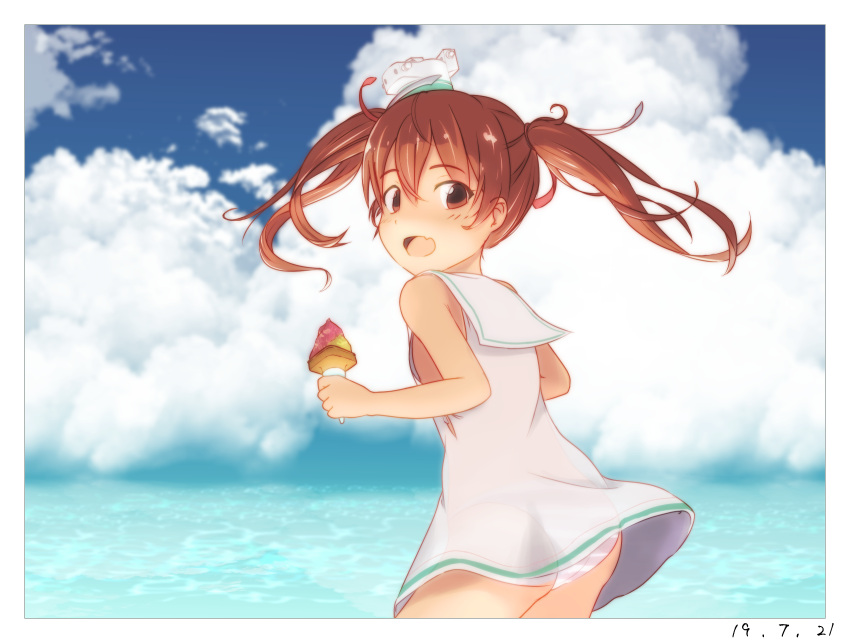 blue_sky brown_eyes brown_hair clouds commentary_request fang food hat highres ice_cream kantai_collection long_hair looking_at_viewer maestrale_(kantai_collection) mini_hat panties see-through shiki_no_miko sky smile striped striped_panties thighs twintails underwear