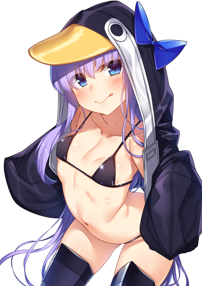 1girl absurdres animal_costume animal_hood bangs bikini black_bikini blue_eyes blush boots breasts closed_mouth eyebrows_visible_through_hair fate/grand_order fate_(series) highres hood long_hair looking_at_viewer meltryllis meltryllis_(swimsuit_lancer)_(fate) navel penguin_costume penguin_hood purple_hair racer_(magnet) sleeves_past_fingers sleeves_past_wrists small_breasts solo swimsuit thigh-highs thigh_boots very_long_hair white_background