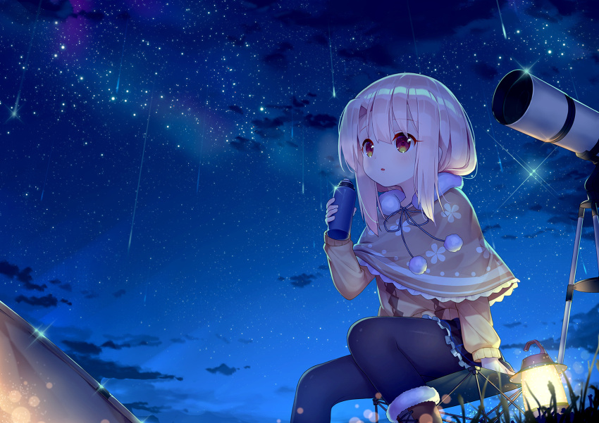 1girl black_legwear black_skirt blonde_hair brown_sweater camping clouds commentary_request fate/grand_order fate/kaleid_liner_prisma_illya fate_(series) flask highres illyasviel_von_einzbern knees_together_feet_apart lantern long_hair night night_sky outdoors pantyhose poncho red_eyes scenery shooting_star sitting skirt sky solo star_(sky) starry_sky sweater taku_michi telescope tent