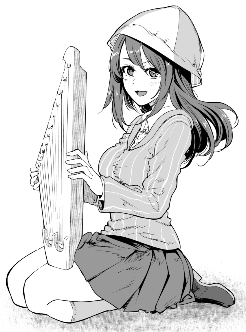 1girl bangs bonkara_(sokuseki_maou) commentary dress_shirt full_body girls_und_panzer greyscale hat highres holding holding_instrument instrument kantele keizoku_school_uniform loafers long_hair long_sleeves looking_at_viewer mika_(girls_und_panzer) miniskirt monochrome open_mouth pleated_skirt school_uniform seiza shirt shoes sitting skirt smile socks solo striped striped_shirt vertical-striped_shirt vertical_stripes