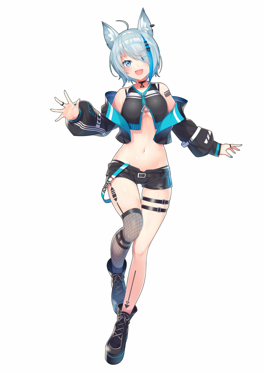 1girl :d ahoge animal_ear_fluff animal_ears animare bare_legs bare_shoulders black_shirt black_shorts blue_eyes blue_hair boots breasts choker crop_top cropped_jacket dog_ears eyes_visible_through_hair full_body hair_ornament hair_over_one_eye hairclip highleg highres jacket jewelry kokka_han large_breasts leg_belt long_sleeves looking_at_viewer midriff multicolored_hair nail_polish navel off_shoulder open_clothes open_jacket open_mouth puffy_sleeves ring shirt short_hair short_shorts shorts silver_hair simple_background single_thighhigh sleeveless sleeveless_shirt smile solo souya_ichika stomach streaked_hair thigh-highs under_boob virtual_youtuber white_background