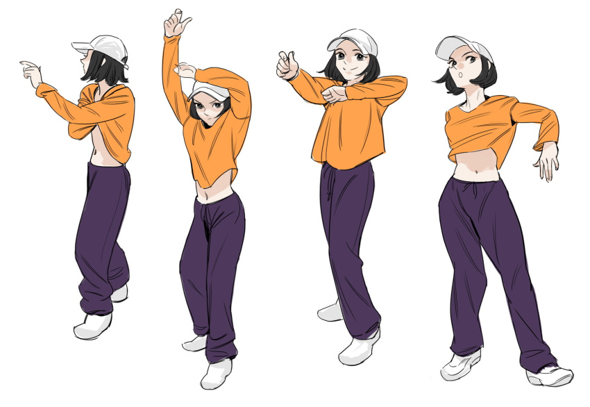 1girl baseball_cap black_eyes black_hair black_legwear bob_cut dancing drawstring hat highres joongchel_kim midriff navel open_mouth orange_shirt pants shirt short_hair simple_background smile underwear white_background white_footwear white_headwear