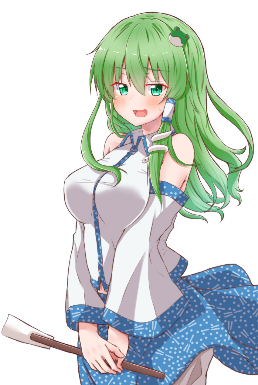 1girl :d absurdres bangs bare_shoulders blue_skirt blush breasts commentary_request cowboy_shot detached_sleeves eyebrows_visible_through_hair frog_hair_ornament green_eyes green_hair hair_between_eyes hair_ornament hair_tubes highres holding kochiya_sanae large_breasts long_hair long_sleeves looking_at_viewer miniskirt mukkushi open_mouth shirt sidelocks simple_background skirt smile snake_hair_ornament solo standing touhou white_background white_shirt wide_sleeves wing_collar