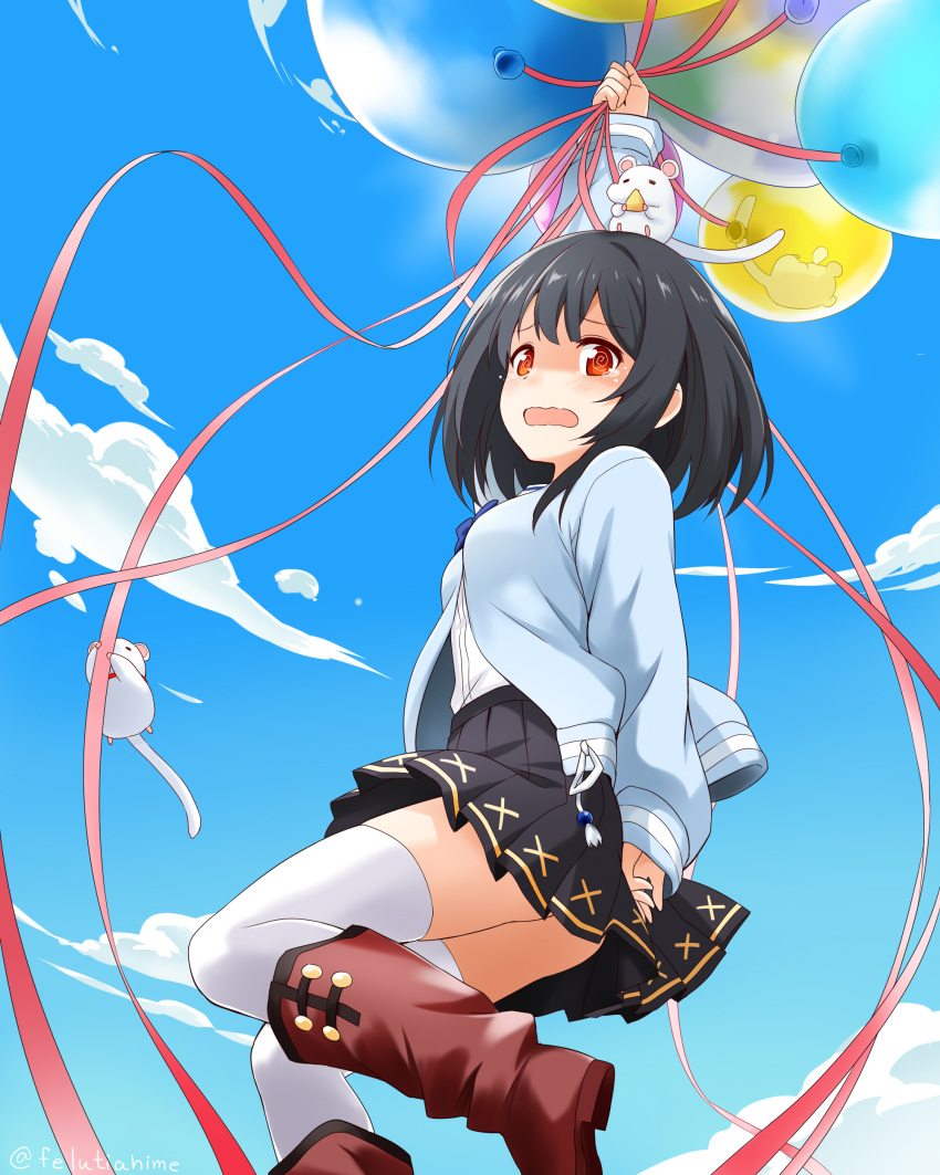 1girl absurdres animal animal_ears animal_on_head ass black_hair blue_sky boots bow cheese commentary_request day eating eyebrows_visible_through_hair felutiahime food from_below granblue_fantasy hair_ornament hairclip highres holding_balloon long_sleeves looking_at_viewer mouse on_head outdoors red_eyes red_footwear shirt skirt sky solo thigh-highs vikala_(granblue_fantasy) white_legwear white_shirt