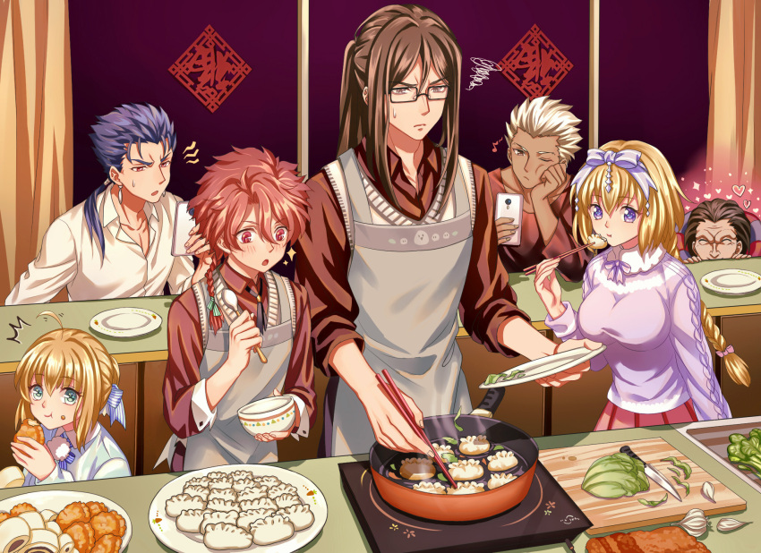 2girls 5boys alexander_(fate/grand_order) alternate_hairstyle apron archer artoria_pendragon_(all) blonde_hair blush bow braid brown_eyes brown_hair caster_(fate/zero) casual chopsticks cooking cu_chulainn_(fate)_(all) dumpling eating fate/grand_order fate/stay_night fate/zero fate_(series) food frown glasses hair_bow highres jeanne_d'arc_(fate)_(all) jiaozi lalatia-meai lancer long_hair lord_el-melloi_ii multiple_boys multiple_girls ponytail red_eyes redhead saber sidelocks single_braid squiggle sweater_vest violet_eyes waver_velvet