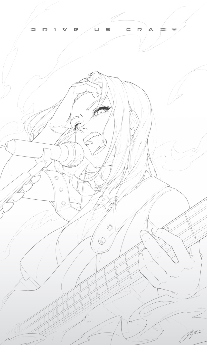 1girl arm_belt bang_dream! breasts electric_guitar english_text eyelashes fingernails from_below greyscale guitar hair_over_one_eye hair_strand hand_on_own_head hand_up highres holding holding_instrument instrument layer_(bang_dream!) lineup medium_breasts medium_hair microphone microphone_stand monochrome music open_mouth regition signature simple_background singing sleeveless smoke teeth upper_body vest white_background