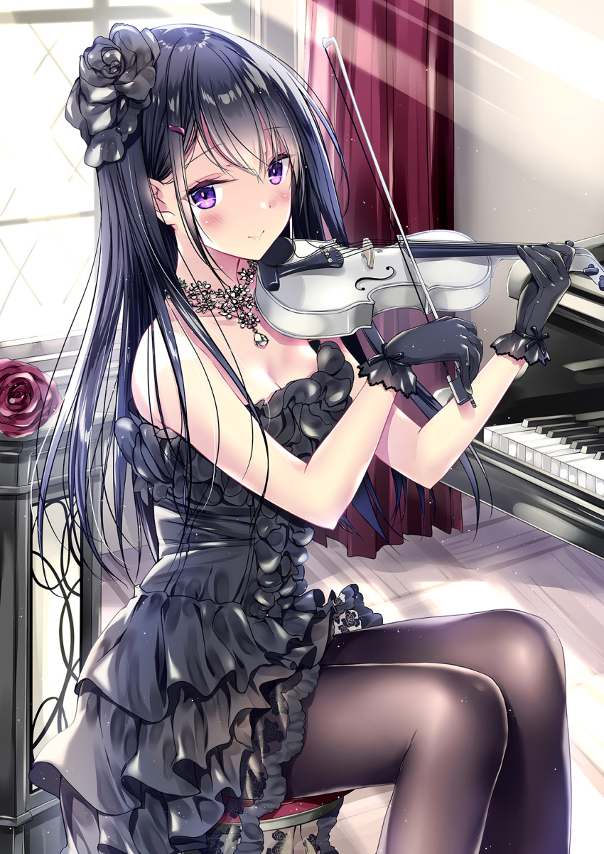 1girl bangs bare_shoulders black_dress black_gloves black_hair black_neckwear blush commentary_request dress eyebrows_visible_through_hair flower frilled_dress frills gloves hair_between_eyes hair_ornament hairclip highres holding holding_instrument indoors instrument kobayashi_chisato light_particles light_rays long_hair looking_at_viewer music original pantyhose piano playing_instrument red_curtains rose shiny shiny_hair sidelocks sitting sleeveless sleeveless_dress smile solo stool strapless strapless_dress violet_eyes violin violin_bow window
