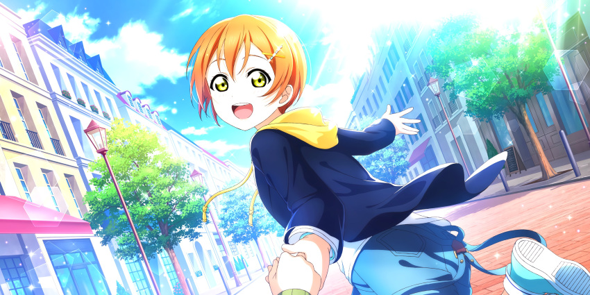 blush green_eyes hoshizora_rin jacket love_live!_school_idol_festival_all_stars orange_hair short_hair smile