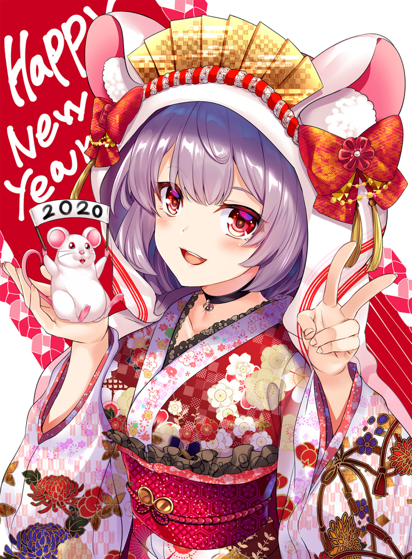 1girl 2020 animal animal_ear_fluff animal_ears bangs bell black_choker blush bow choker commentary_request eyebrows_visible_through_hair floral_print happy_new_year highres hinata_sora holding holding_animal japanese_clothes kimono long_sleeves looking_at_viewer new_year open_mouth original purple_hair rat rat_ears red_bow red_eyes smile solo upper_teeth v wide_sleeves