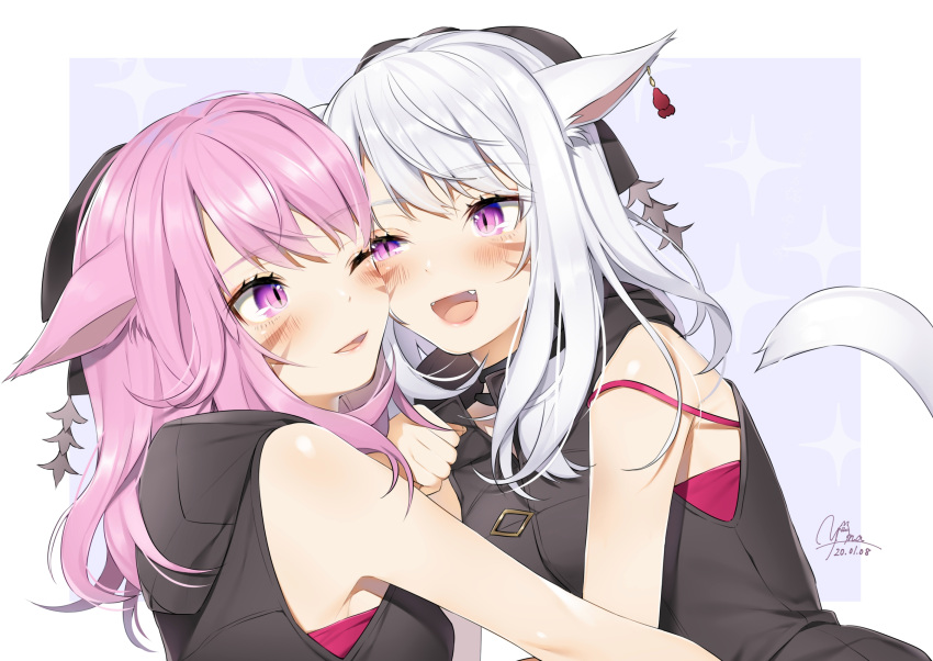 2girls ;d animal_ears bangs black_bow black_hoodie border bow bra cat_ears cat_girl cat_tail cheek-to-cheek commentary_request dated earrings eye_contact eyebrows_visible_through_hair facial_mark fang final_fantasy final_fantasy_xiv hair_bow highres hood hood_down hoodie jewelry long_hair looking_at_another miqo'te multiple_girls one_eye_closed open_mouth outside_border parted_lips pink_bra pink_hair purple_background signature sleeveless sleeveless_hoodie smile strap_slip tail underwear upper_body violet_eyes whisker_markings white_border yana_mori