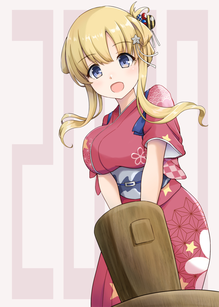 1girl 2020 alternate_costume alternate_hairstyle background_text bangs blonde_hair blue_eyes blush breasts commentary eyebrows_visible_through_hair fletcher_(kantai_collection) hair_ornament hair_up highres holding japanese_clothes kantai_collection kimono kine mallet mmt_uf obi open_mouth pink_background sash sidelocks simple_background solo star star_print