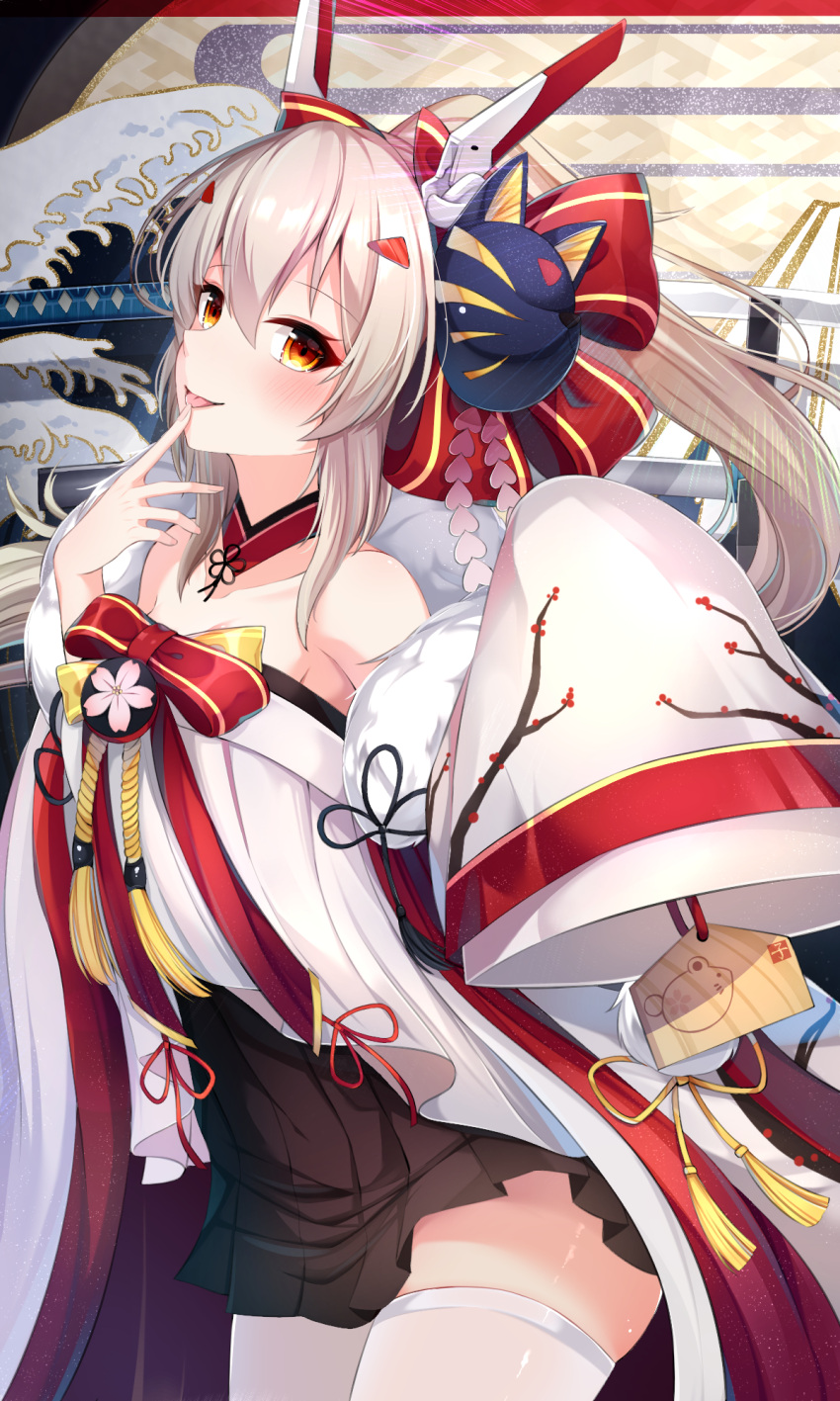 1girl ayanami_(azur_lane) ayanami_(pulse_of_the_new_year)_(azur_lane) azur_lane bare_shoulders black_skirt brown_hair chinese_zodiac commentary_request cowboy_shot ema fine_art_parody finger_to_mouth fox_mask fur_trim hair_ornament highres holding japanese_clothes long_hair long_sleeves looking_at_viewer mask mask_on_head nihonga nya_rl off_shoulder orange_eyes parody ponytail red_ribbon ribbon skirt solo thigh-highs tongue tongue_out waves white_legwear wide_sleeves year_of_the_rat zettai_ryouiki