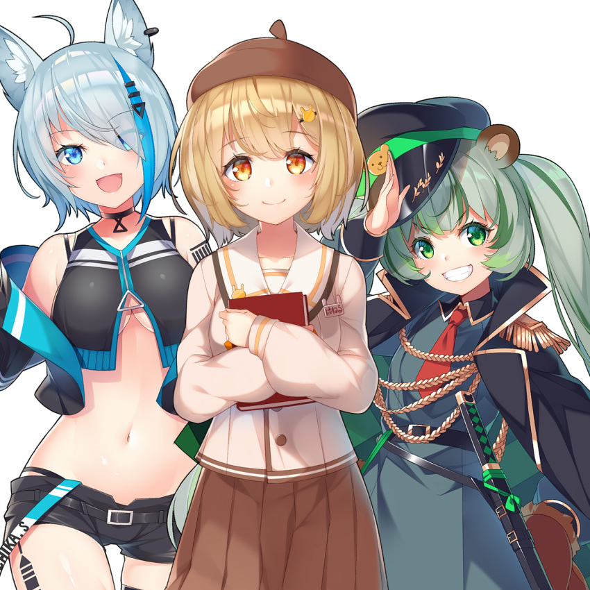 3girls :d ahoge aiguillette animal_ear_fluff animal_ears animare bare_shoulders bear_ears belt black_coat black_headwear black_shirt black_shorts blue_eyes blue_hair book breasts brown_hair brown_headwear brown_skirt choker commentary_request crop_top cropped_jacket dog_ears dress ear_piercing epaulettes eyes_visible_through_hair green_eyes green_hair grin hair_ornament hair_over_one_eye hairclip hat highres hinokuma_ran inaba_haneru_(animare) jacket jacket_on_shoulders katana kokka_han large_breasts long_hair looking_at_viewer midriff multicolored_hair multiple_girls navel necktie off_shoulder open_clothes open_jacket open_mouth orange_eyes peaked_cap piercing pleated_skirt salute school_uniform sheath sheathed shirt short_hair short_necktie short_shorts shorts silver_hair simple_background skirt sleeveless sleeveless_shirt smile souya_ichika stomach streaked_hair sword twintails under_boob virtual_youtuber weapon white_background white_shirt wing_collar