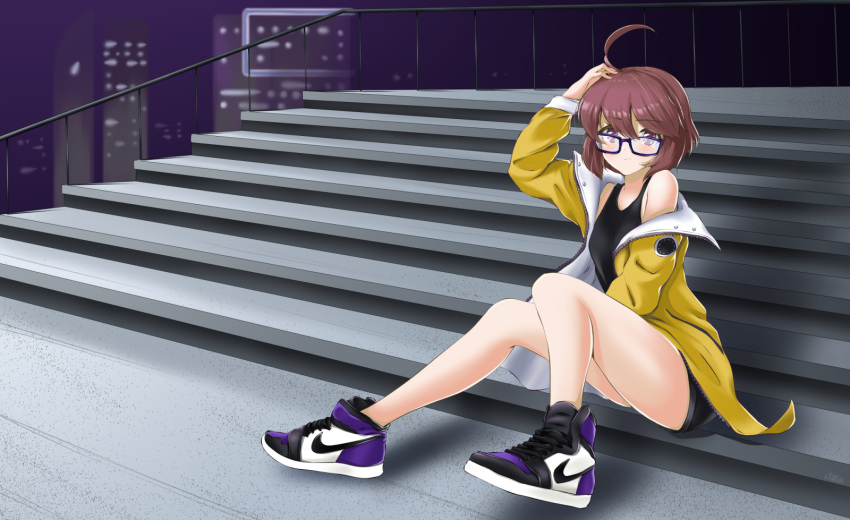 1girl adapted_costume ahoge bespectacled bike_shorts blush breasts brown_hair chaesu full_body glasses highres huge_ahoge jacket linne long_legs looking_at_viewer night nike off_shoulder open_clothes open_jacket product_placement purple-framed_eyewear shoes short_hair sitting small_breasts sneakers solo stairs tank_top under_night_in-birth violet_eyes yellow_jacket