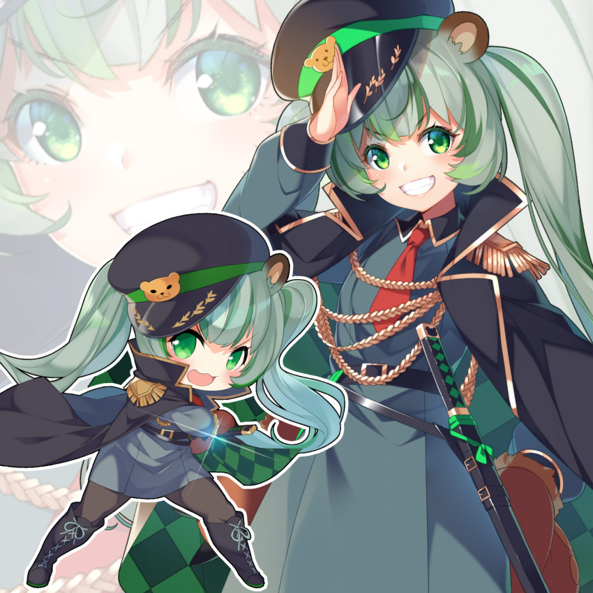 1girl :d aiguillette animal_ears animare bear_ears belt black_coat boots chibi dress epaulettes glint green_eyes green_hair grin hat highres hinokuma_ran jacket_on_shoulders katana kokka_han long_hair long_sleeves looking_at_viewer multicolored_hair multiple_views necktie open_mouth pantyhose peaked_cap salute sheath sheathed short_necktie smile streaked_hair sword twintails v-shaped_eyebrows virtual_youtuber weapon wing_collar zoom_layer
