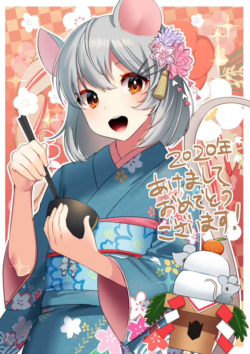 1girl :d animal animal_ears bangs blue_kimono blush bowl brown_eyes chinese_zodiac chopsticks eyebrows_visible_through_hair floral_background floral_print flower grey_hair hair_between_eyes hair_flower hair_ornament hairclip highres holding holding_bowl holding_chopsticks japanese_clothes kagami_mochi kimono long_sleeves looking_at_viewer mizuki_eiru_(akagi_kurage) mouse mouse_ears mouse_girl mouse_tail obi open_mouth original pink_flower print_kimono purple_flower sash smile solo tail translation_request upper_teeth wide_sleeves year_of_the_rat