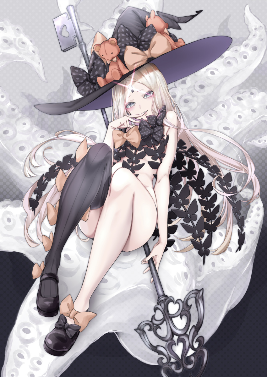 1girl abigail_williams_(fate/grand_order) absurdres bare_shoulders black_bow black_footwear black_headwear black_legwear blonde_hair bow c_nov00 fate/grand_order fate_(series) grey_eyes hat highres holding key keyhole large_hat long_hair orange_bow parted_lips pink_lips polka_dot polka_dot_bow slit_pupils smile solo stuffed_animal stuffed_toy tentacles thigh-highs witch_hat