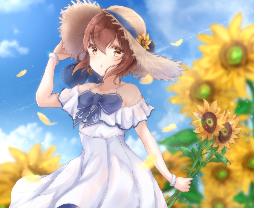 1girl :o anchor anchor_symbol bangs blue_bow blush bow bracelet brown_eyes brown_hair clouds day dress eyebrows_visible_through_hair flower hair_between_eyes hat hat_flower headgear highres holding holding_flower jewelry kantai_collection outdoors petals sa-ya2 short_hair sky solo straw_hat sundress sunflower white_dress yellow_flower yukikaze_(kantai_collection)