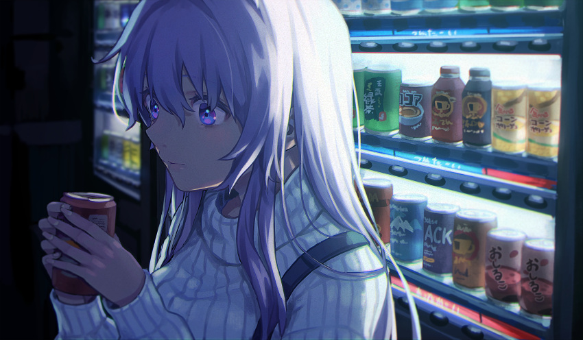 1girl bangs can closed_mouth commentary_request eyebrows_visible_through_hair hair_between_eyes hands_up highres holding holding_can long_hair long_sleeves looking_away night original outdoors purple_hair ribbed_sweater saino solo sweater turtleneck turtleneck_sweater upper_body vending_machine violet_eyes white_sweater