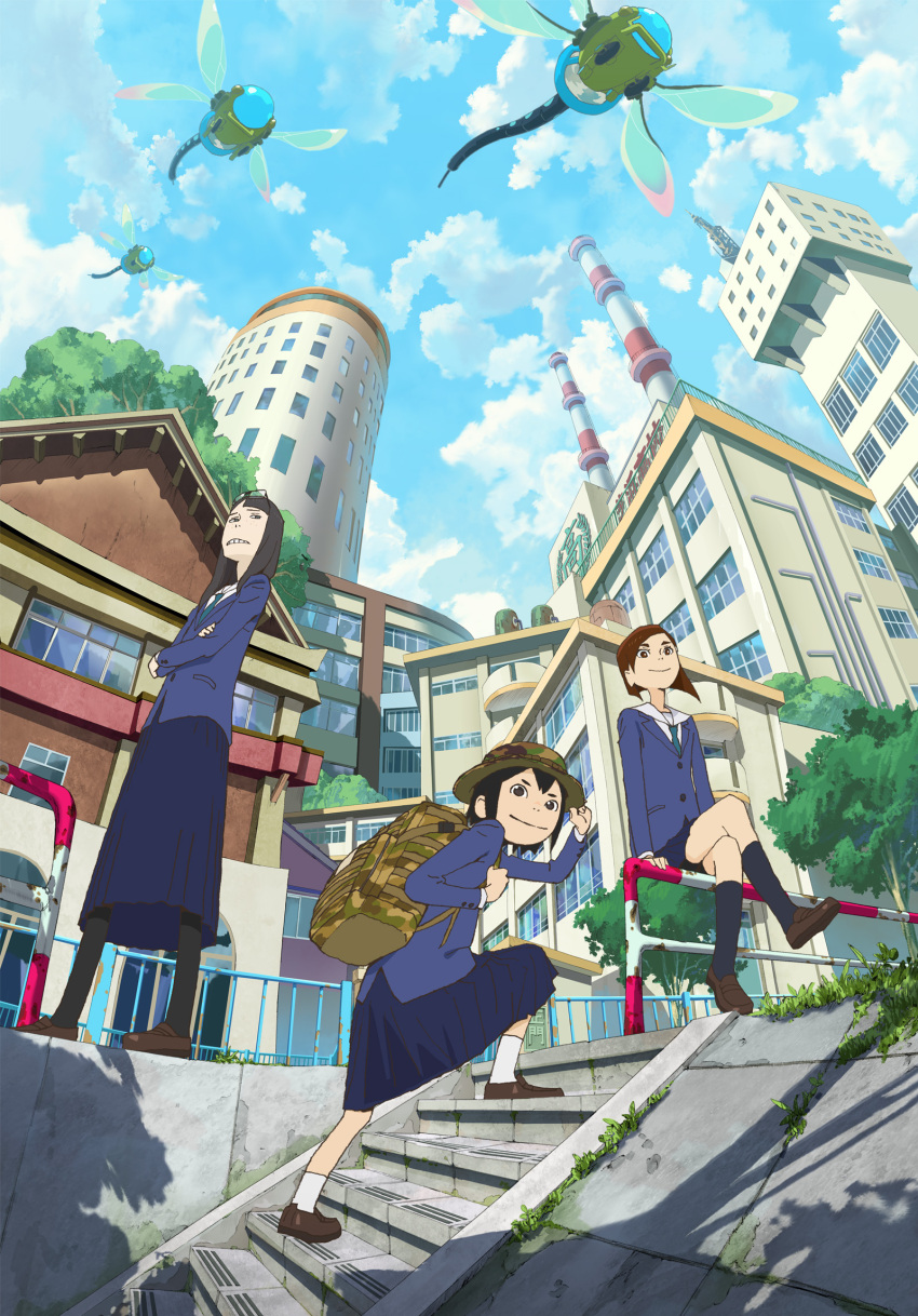 3girls asakusa_midori asymmetrical_bangs backpack bag bangs black_hair black_legwear blazer blue_sky brown_eyes brown_hair camouflage_hat city clouds crossed_legs day eizouken_ni_wa_te_wo_dasu_na! eyewear_on_head freckles full_body highres jacket jimiko kanamori_sayaka loafers looking_at_viewer mizusaki_tsubame multiple_girls navy_blue_legwear navy_blue_skirt official_art outdoors pantyhose sailor_collar school_uniform shoes sitting sky