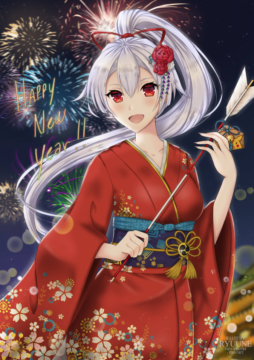 1girl :d absurdres arrow blush breasts collarbone commentary_request fate/grand_order fate_(series) fireworks floral_print flower furisode hair_between_eyes hair_flower hair_ornament hamaya happy_new_year highres holding_arrow japanese_clothes kimono long_hair looking_at_viewer medium_breasts new_year night obi open_mouth pixiv_fate/grand_order_contest_1 red_eyes ryuuneart sash silver_hair smile solo tomoe_gozen_(fate/grand_order) very_long_hair