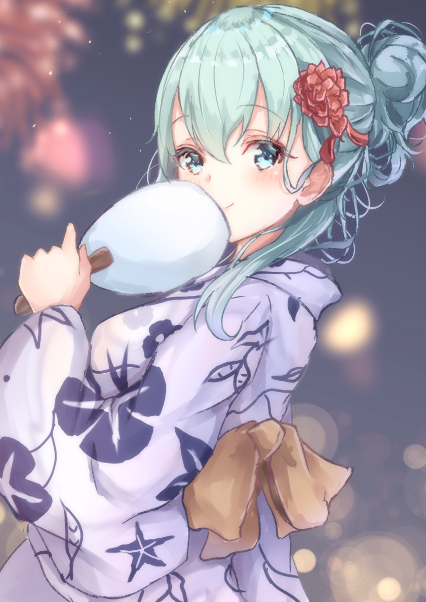 1girl absurdres alternate_costume alternate_hairstyle aqua_hair bangs blush closed_mouth eyebrows_visible_through_hair fan festival fireworks floral_print hair_between_eyes hair_ornament hairclip highres japanese_clothes kantai_collection kimono long_hair long_sleeves looking_at_viewer night night_sky sa-ya2 sky smile solo suzuya_(kantai_collection) yukata