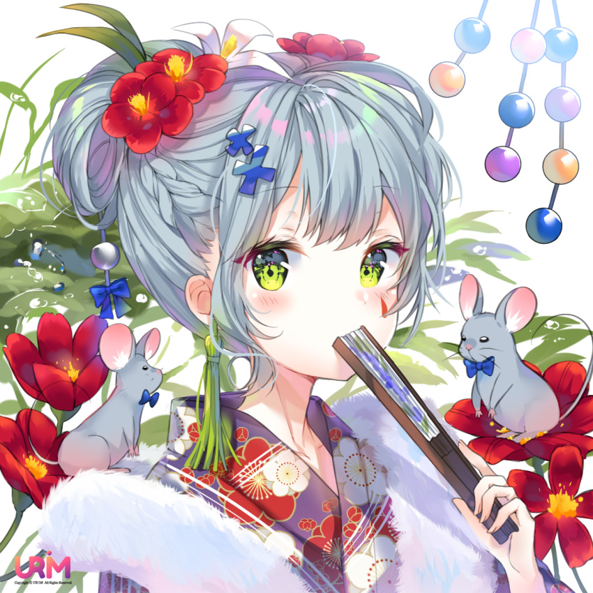 1girl alternate_costume alternate_hairstyle blush braid facepaint fan_to_mouth floral_print flower from_side girls_frontline green_eyes hair_between_eyes hair_bun hair_flower hair_ornament hairclip highres hk416_(girls_frontline) iron_cross japanese_clothes kimono looking_at_viewer mouse mouse_on_shoulder new_year purple_kimono red_flower silver_hair solo teardrop upper_body urim_(paintur) yukata