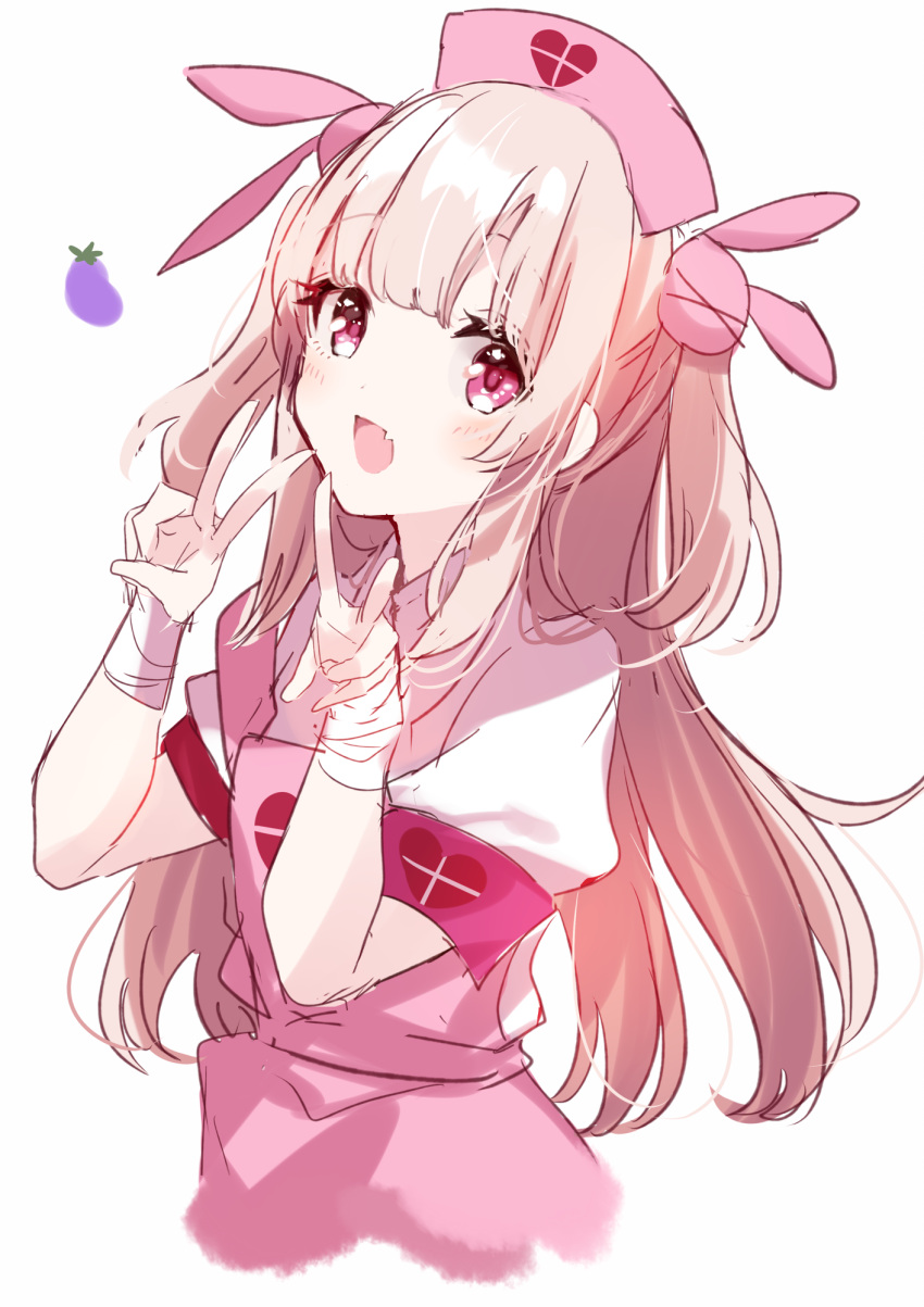 &gt;_&lt; 1girl :d apron armband bandaged_arm bandages bangs blush bunny_hair_ornament cropped_torso double_v eggplant eyebrows_visible_through_hair fang hair_ornament hands_up hat heart highres light_brown_hair long_hair misumi_(macaroni) natori_sana nurse_cap open_mouth pink_apron pink_headwear puffy_short_sleeves puffy_sleeves red_eyes sana_channel shirt short_sleeves simple_background sketch smile solo two_side_up upper_body v very_long_hair virtual_youtuber white_background white_shirt