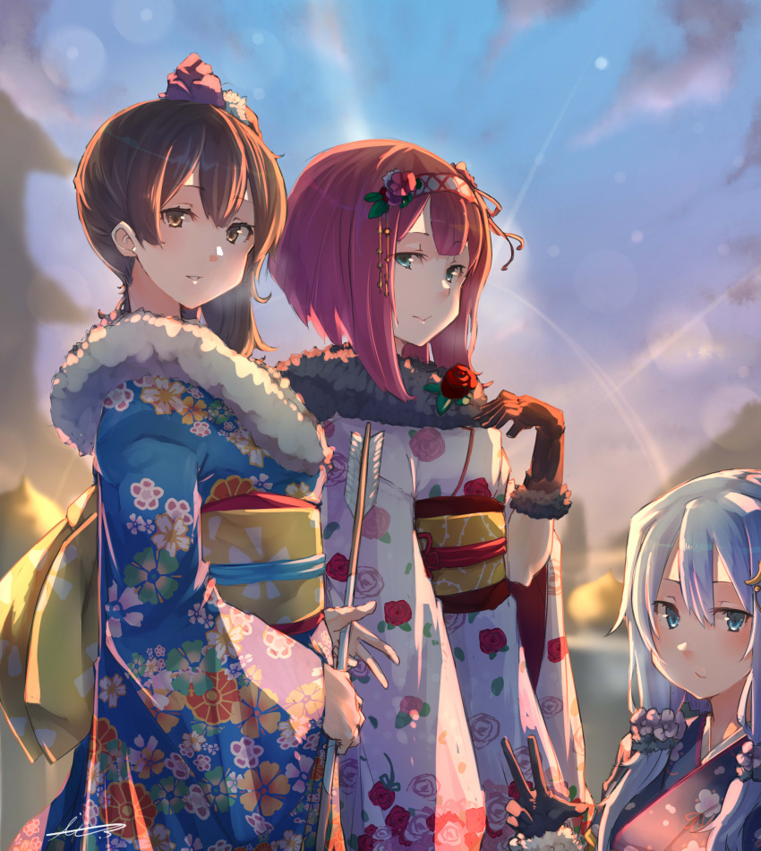 3girls akicosmossakasa alternate_costume ark_royal_(kantai_collection) arrow bangs black_gloves blush bob_cut brown_hair closed_mouth clouds crescent crescent_hair_ornament eyebrows_visible_through_hair floral_print flower fur_trim gloves hair_between_eyes hair_flower hair_ornament hairband highres holding japanese_clothes kaga_(kantai_collection) kantai_collection kimono long_hair long_sleeves multiple_girls new_year obi outdoors parted_lips ponytail purple_hair red_flower red_rose redhead rose sash short_hair side_ponytail sidelocks signature sky smile v wide_sleeves yayoi_(kantai_collection)