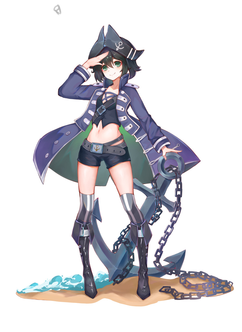 1girl absurdres alternate_costume anchor anchor_symbol arm_up bangs belt black_footwear black_hair black_headwear black_shorts black_vest blue_coat boots chain coat commentary_request crop_top full_body green_eyes grey_belt grey_legwear hair_between_eyes hat head_tilt highres knee_boots long_sleeves looking_at_viewer midriff murasa_minamitsu mxr navel open_clothes open_coat salute short_hair short_shorts shorts simple_background smile solo standing stomach striped striped_legwear thigh-highs thighs touhou tricorne vertical-striped_legwear vertical_stripes vest water white_background