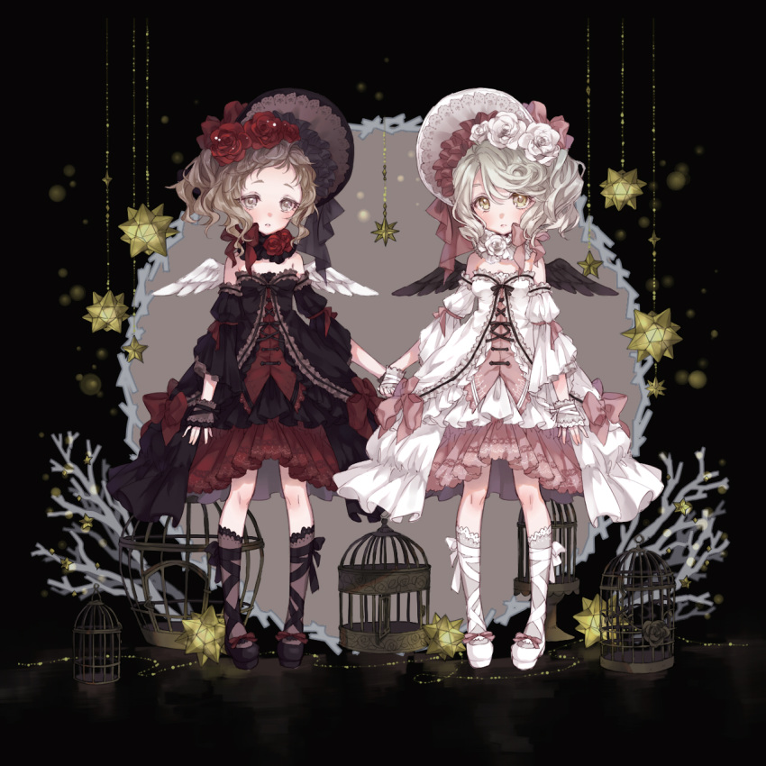 2girls angel_wings ankle_lace-up birdcage black_footwear black_legwear black_wings bonnet bow cage commentary_request cross-laced_footwear detached_collar detached_sleeves dress feathered_wings fingerless_gloves flower frilled_dress frilled_sleeves frills gloves gothic_lolita grey_eyes grey_hair hair_flower hair_ornament highres holding_hands lolita_fashion looking_at_viewer multiple_girls nobuyo_ninomiya one_side_up original overskirt pink_bow red_bow red_flower shoes short_hair siblings sisters sleeve_ribbon standing sweet_lolita twins white_flower white_footwear white_legwear white_wings wings