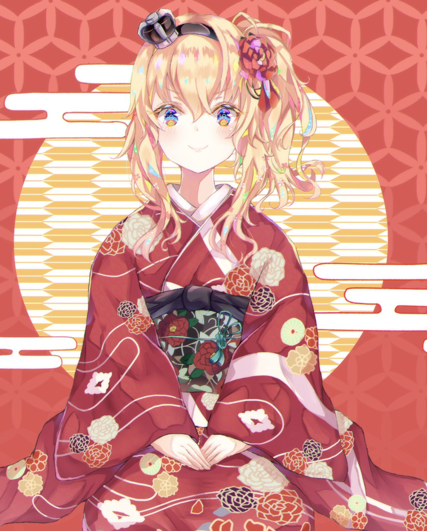 1girl bangs blonde_hair blush crown eyebrows_visible_through_hair floral_print hair_ornament hair_up hairband hands_on_lap highres japanese_clothes kantai_collection kimono long_hair long_sleeves mini_crown multicolored multicolored_eyes obi ponytail red_background sa-ya2 sash side_ponytail sidelocks smile solo warspite_(kantai_collection) wide_sleeves