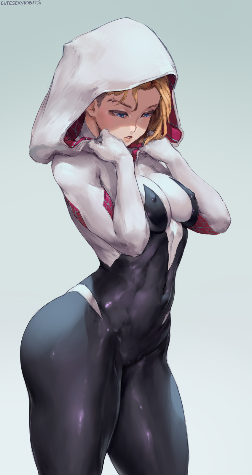 1girl absurdres blonde_hair blue_eyes bodysuit breast_squeeze breasts covered_navel covered_nipples cutesexyrobutts highres hood hoodie looking_down paid_reward patreon_reward short_hair signature solo spider-gwen spider-man_(series) standing thick_thighs thighs toned