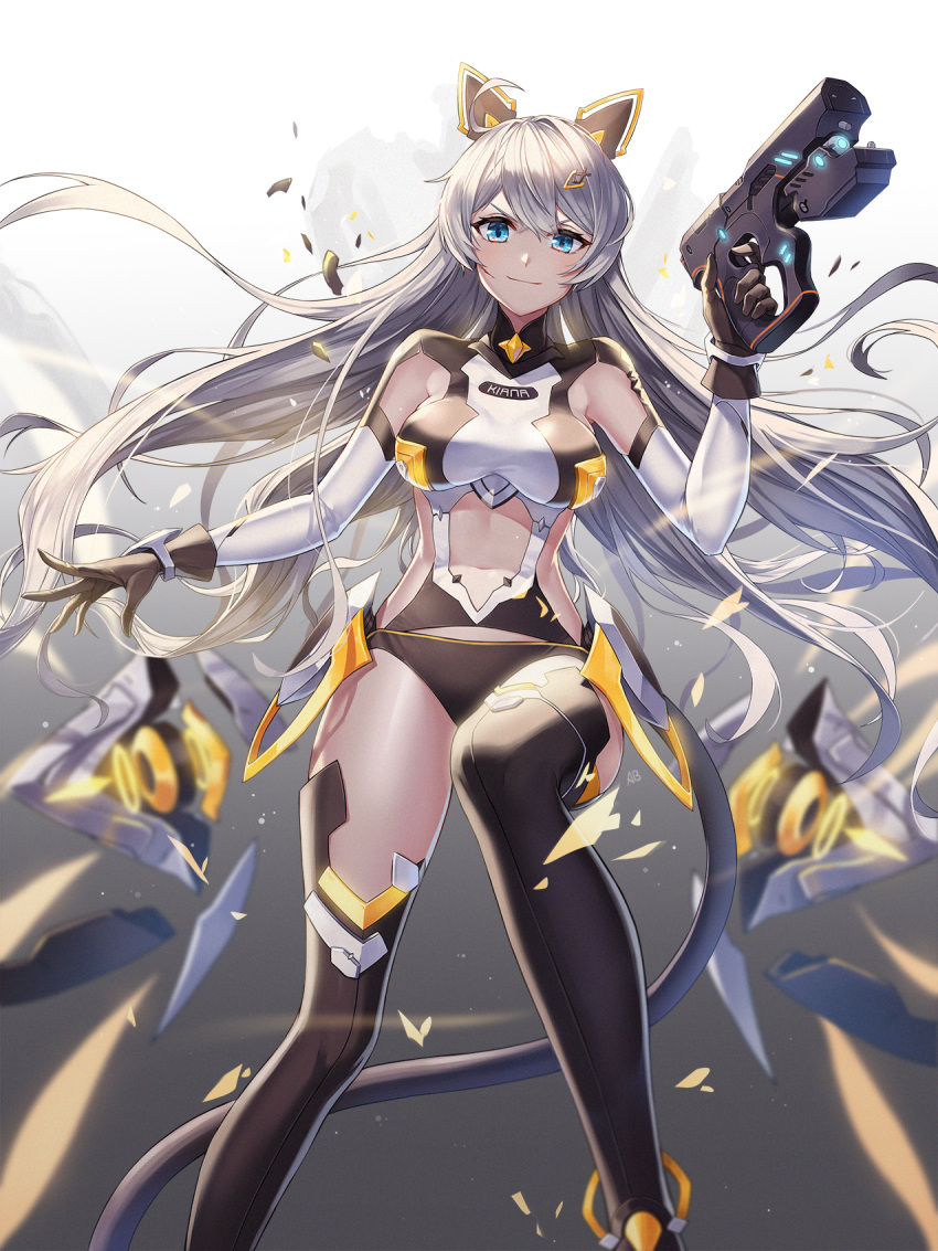 1girl aliceblue animal_ears black_gloves black_legwear blue_eyes blush boots breasts character_name gloves gun hair_between_eyes hair_ornament hairclip hand_up highres holding holding_gun holding_weapon honkai_(series) honkai_impact_3rd kiana_kaslana leg_up leotard long_hair mechanical_ears medium_breasts midriff navel navel_cutout shards sideless_outfit silver_hair smile solo tail thigh-highs thigh_boots thighs very_long_hair weapon wings