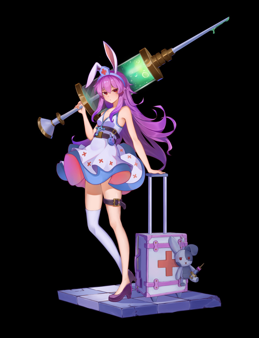 1girl absurdres alternate_costume animal_ears bangs bare_arms bare_shoulders belt black_background black_belt black_footwear breasts commentary dress full_body grey_hairband hair_between_eyes hairband hand_up high_heels highres holding holding_syringe long_hair looking_at_viewer mxr purple_hair rabbit_ears red_cross red_eyes reisen_udongein_inaba rolling_suitcase short_dress sidelocks simple_background single_thighhigh sleeveless sleeveless_dress small_breasts solo standing stuffed_animal stuffed_bunny stuffed_toy syringe thigh-highs thigh_strap thighs touhou very_long_hair white_dress white_legwear