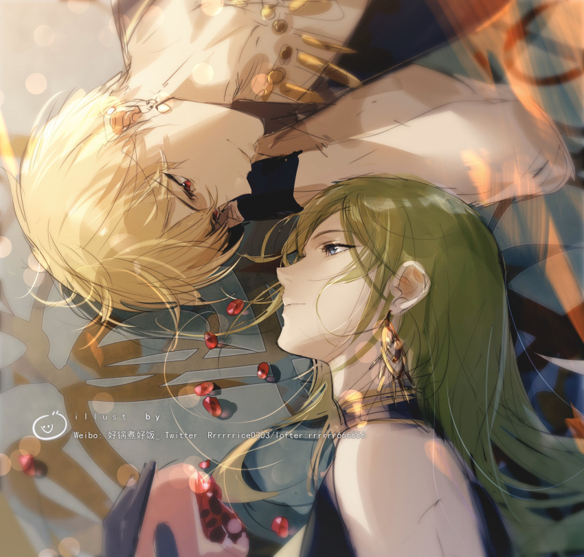 1boy 1other androgynous arabian_clothes blonde_hair circlet earrings enkidu_(fate/strange_fake) fate/grand_order fate/strange_fake fate_(series) food fruit gilgamesh gilgamesh_(caster)_(fate) green_hair highres jewelry long_hair lying necklace pomegranate red_eyes rrr_(reason) vest