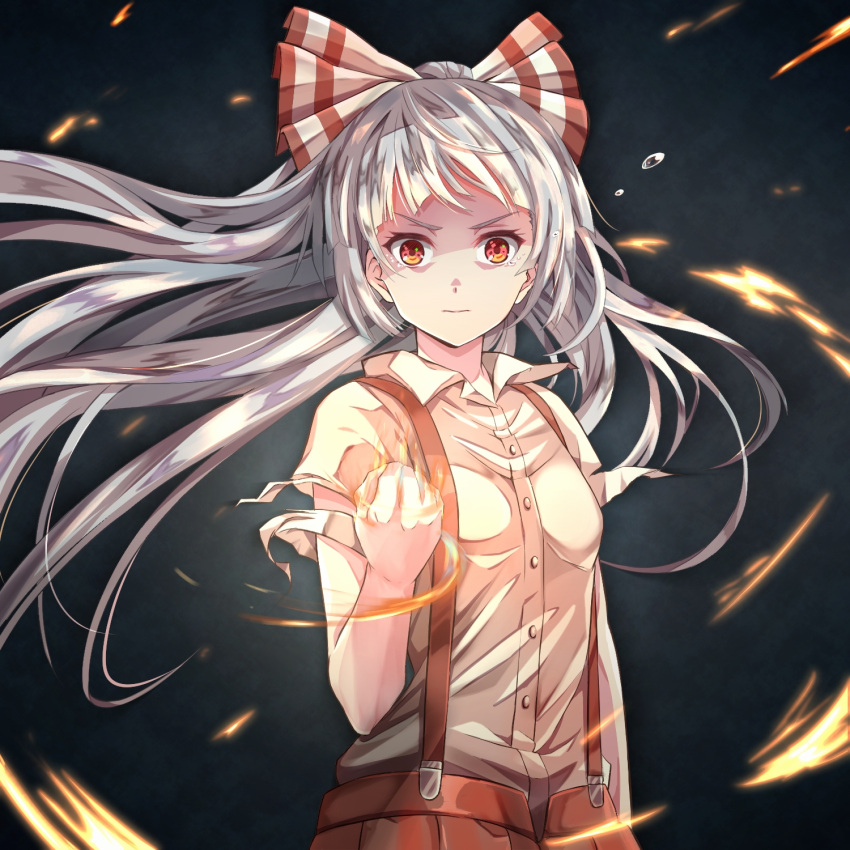 1girl bangs black_background bow breasts clenched_hand commentary_request fire floating_hair fujiwara_no_mokou hair_bow hand_up highres long_hair looking_at_viewer pants red_eyes red_pants shirt short_sleeves silver_hair small_breasts solo suspenders teardrop torottye touhou upper_body v-shaped_eyebrows white_bow white_shirt