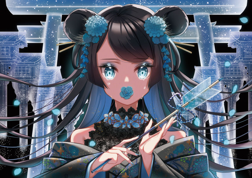 1girl absurdres aqua_eyes arrow bangs bare_shoulders bell black_background black_hair black_kimono blue_flower blue_hair blue_nails blue_ribbon commentary_request covered_mouth crying crying_with_eyes_open double_bun eyelashes fingernails floral_print flower hair_ornament hamaya highres holding_arrow japanese_clothes jingle_bell kimono kimono_pull ktmzlsy720 lantern long_fingernails long_hair long_sleeves looking_at_viewer multicolored_hair nail_polish off_shoulder original petals print_kimono ribbon simple_background solo swept_bangs tears torii two-tone_hair upper_body very_long_hair