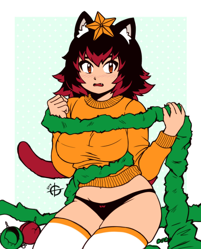 1girl 2019 animal_ears black_hair black_panties blush cat_ears cat_tail christmas christmas_ornaments eyebrows fang hair_ornament highlights highres long_hair long_sleeves looking_at_viewer messy_hair multicolored_hair open_mouth orange_sweater original panties redhead solo star star_hair_ornament sweater taggo tail thigh-highs underwear white_legwear