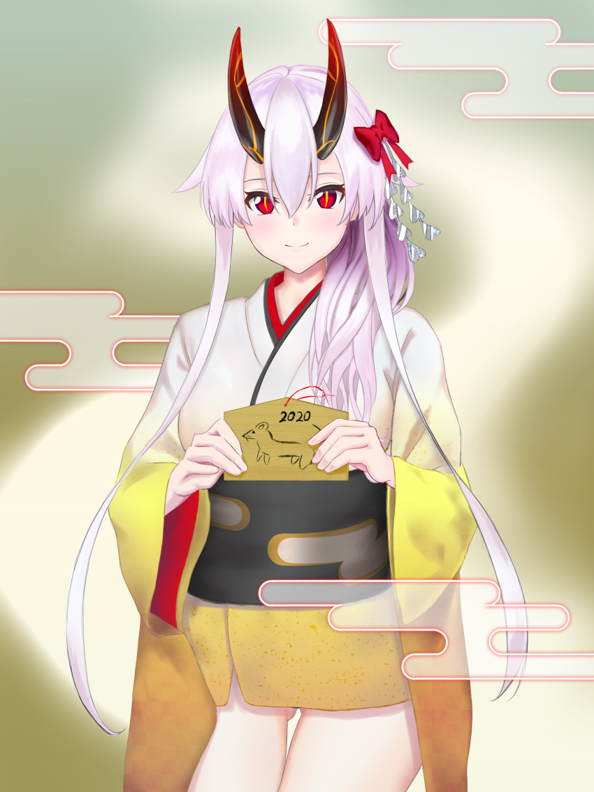 1girl 2020 absurdres alternate_costume alternate_hairstyle bow chinese_zodiac commentary_request ema fate/grand_order fate_(series) hair_bow hair_over_shoulder highres japanese_clothes kimono light_blush lightbear long_hair looking_at_viewer new_year obi oni_horns red_bow red_eyes red_horns sash sidelocks silver_hair slit_pupils smile solo tomoe_gozen_(fate/grand_order) year_of_the_rat