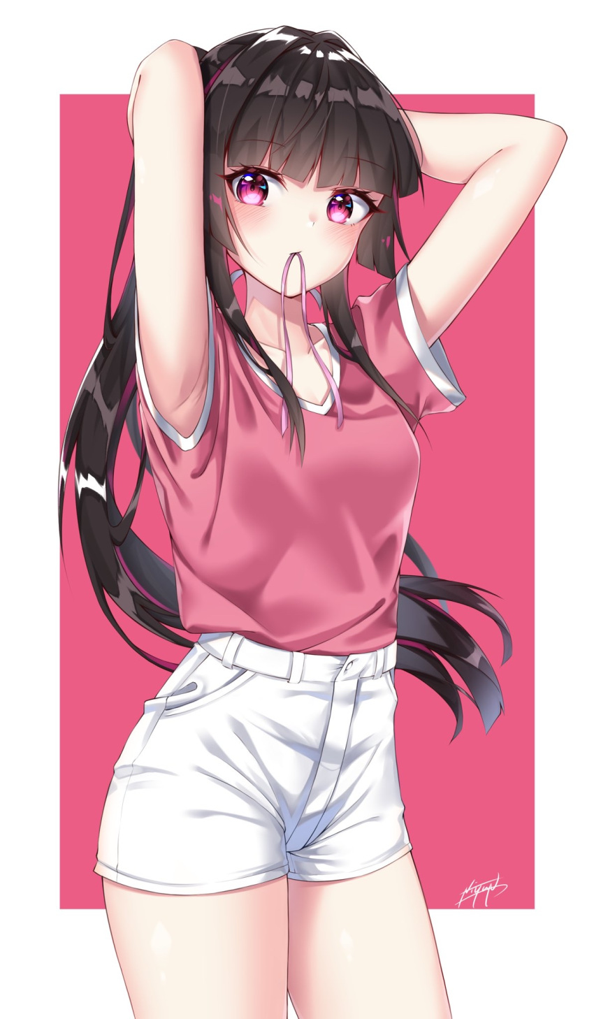 1girl armpits artist_name bangs black_hair blunt_bangs blush breasts collarbone commentary_request eyebrows_visible_through_hair hair_tie hair_tie_in_mouth highres long_hair looking_at_viewer mouth_hold niyu_n_iyun pink_background pink_ribbon pink_shirt ponytail ribbon senki_zesshou_symphogear shirt short_shorts shorts simple_background small_breasts solo tsukuyomi_shirabe twintails two-tone_background tying_hair white_background white_shorts