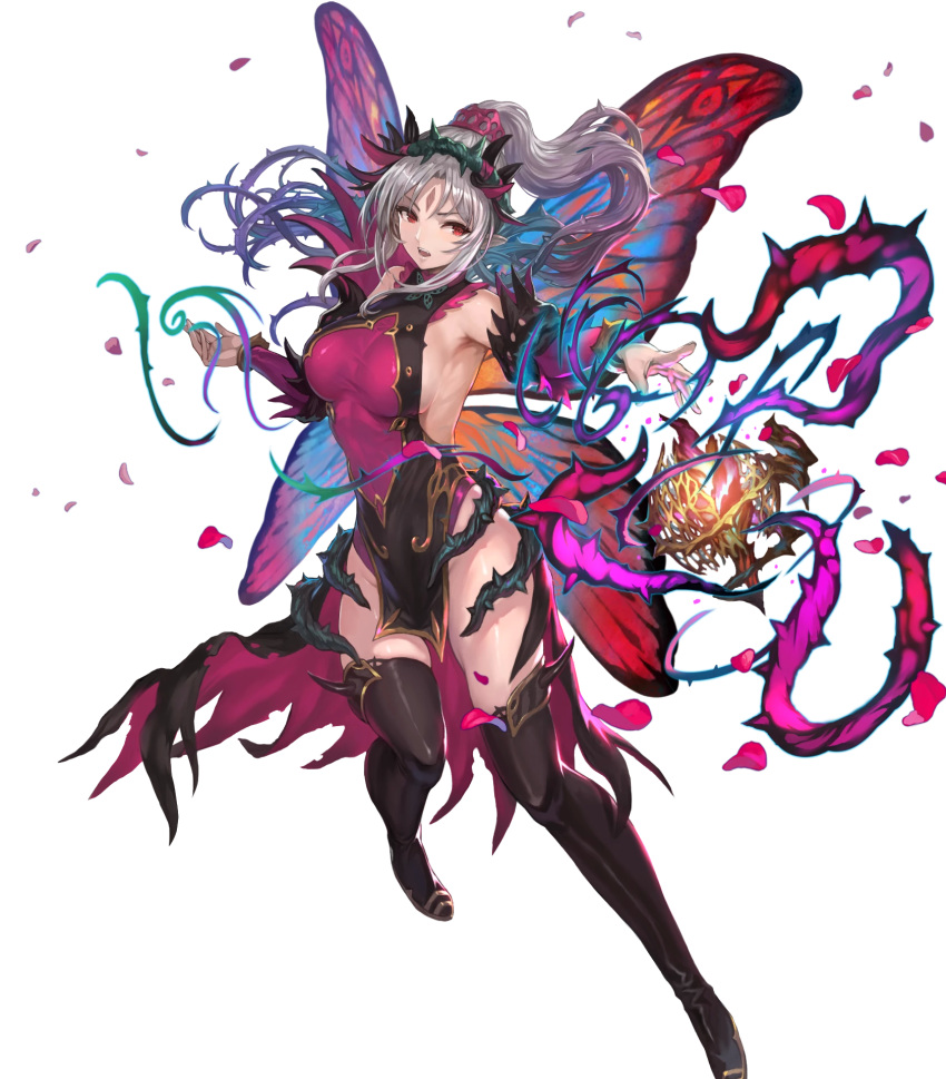 1girl bangs bare_shoulders boots breasts dress fairy_wings fire_emblem fire_emblem_heroes grey_hair hair_ornament highres large_breasts long_hair official_art pelvic_curtain plumeria_(fire_emblem) pointy_ears red_eyes shiny shiny_clothes shiny_hair shiny_skin sleeveless solo thigh-highs thigh_boots thorns tied_hair transparent_background wings