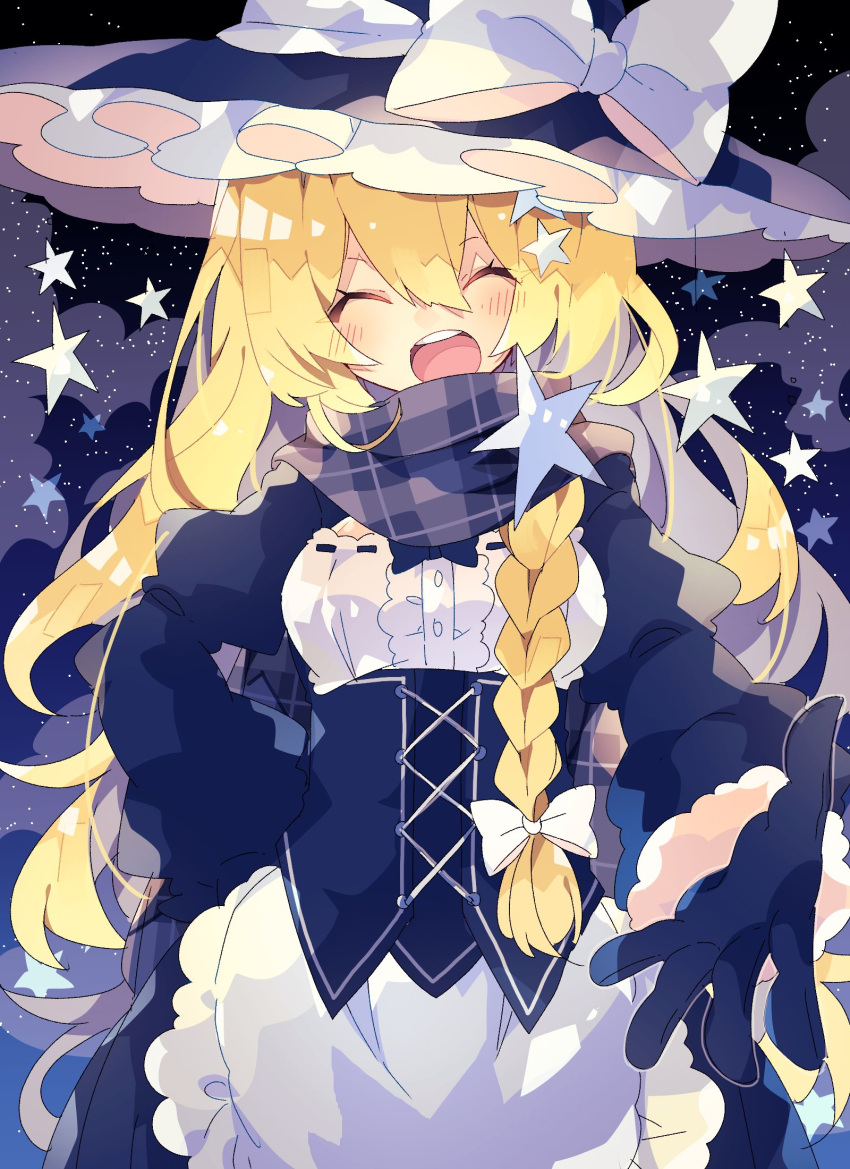 1girl apron black_background black_bow black_gloves black_headwear black_shirt black_skirt blonde_hair blush bow braid closed_eyes clouds facing_viewer frills fur-trimmed_sleeves fur_trim gloves hair_bow hand_on_hip hat hat_bow highres kirisame_marisa long_hair long_sleeves nikorashi-ka open_mouth outstretched_hand plaid plaid_scarf scarf shirt skirt smile solo star touhou underbust upper_body waist_apron white_bow witch_hat