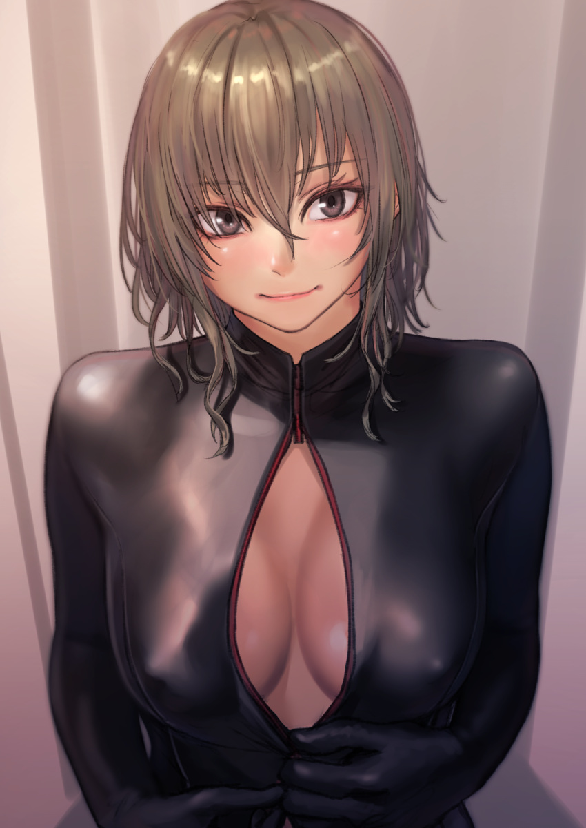 1girl blonde_hair bodysuit breasts brown_eyes commentary_request covered_nipples eyebrows_visible_through_hair eyelashes highres kilye_4421 looking_at_viewer original short_hair skin_tight smile solo unzipping