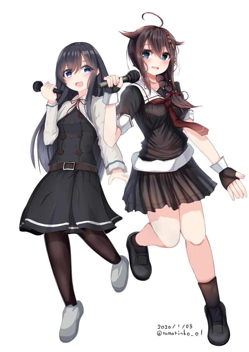 2girls absurdres ahoge asashio_(kantai_collection) black_gloves black_hair black_legwear black_serafuku black_skirt blazer blue_eyes braid commentary_request dated dress fingerless_gloves full_body gloves hair_flaps hair_over_shoulder highres jacket kantai_collection long_hair long_sleeves microphone multiple_girls neck_ribbon neckerchief numarinko pantyhose pinafore_dress pleated_dress pleated_skirt red_neckwear remodel_(kantai_collection) ribbon school_uniform serafuku shigure_(kantai_collection) simple_background single_braid skirt twitter_username white_background white_jacket