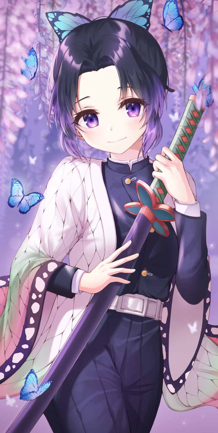 1girl absurdres bangs belt black_hair breasts bug butterfly butterfly_hair_ornament commentary_request eyebrows_visible_through_hair hair_ornament haori highres insect japanese_clothes katana kimetsu_no_yaiba kochou_shinobu long_sleeves looking_at_viewer multicolored_hair parted_bangs purple_hair short_hair smile solo sword uniform violet_eyes weapon yeorem