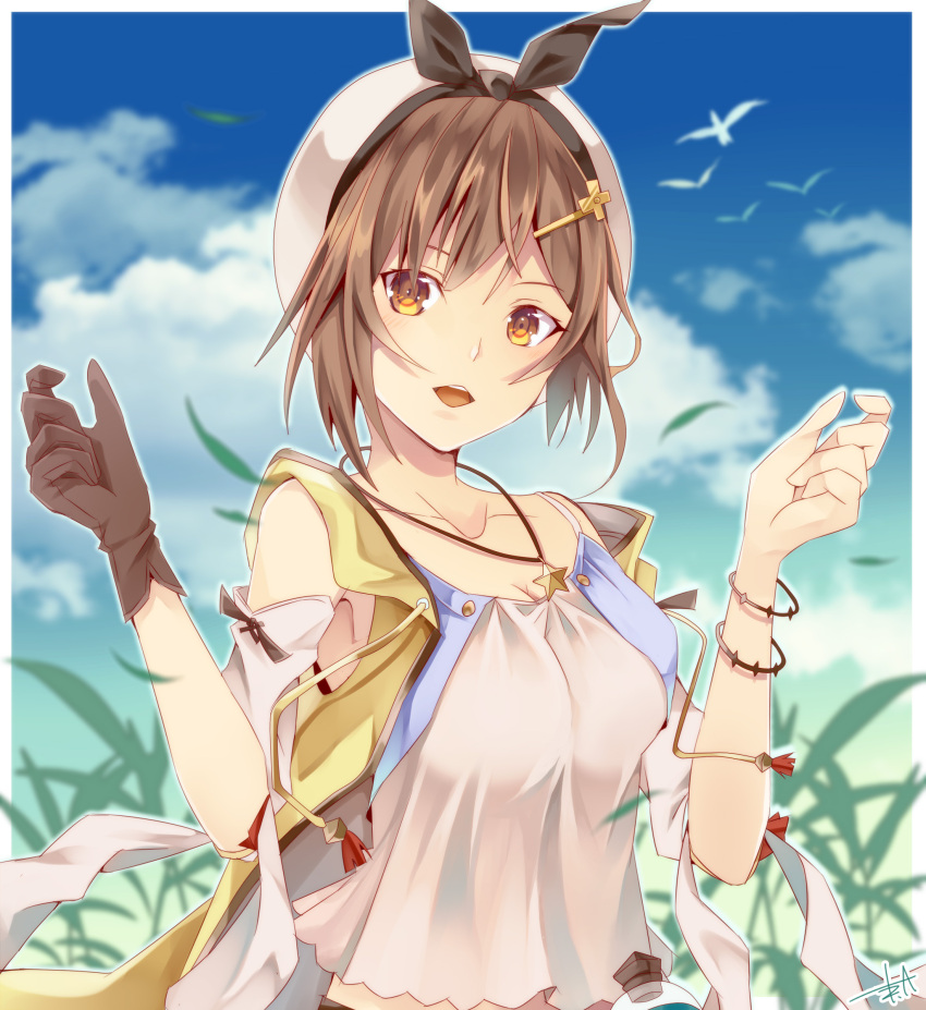 1girl absurdres akisaki atelier_(series) atelier_ryza bare_shoulders beret bird black_gloves black_ribbon blue_sky breasts brown_eyes brown_hair clouds collarbone commentary_request day gloves hair_ornament hair_ribbon hairclip hands_up hat highres jewelry looking_at_viewer medium_breasts midriff_peek open_mouth pendant plant reisalin_stout ribbon shirt short_hair signature single_glove sky solo star upper_body white_headwear white_shirt