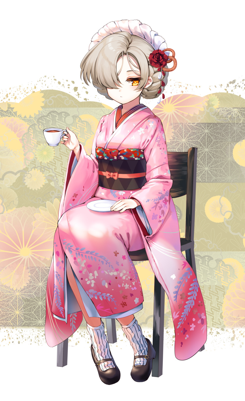 1girl absurdres azur_lane bangs black_footwear bow braid brown_hair chair closed_mouth commentary_request cup floral_print flower full_body hair_flower hair_ornament hair_over_one_eye highres holding holding_cup japanese_clothes kimono kiyosato0928 long_sleeves looking_at_viewer maid_headdress mary_janes obi on_chair orange_eyes pink_kimono print_kimono red_bow red_flower sash saucer sheffield_(azur_lane) shoes sitting socks solo striped striped_legwear tea vertical-striped_legwear vertical_stripes white_legwear wide_sleeves
