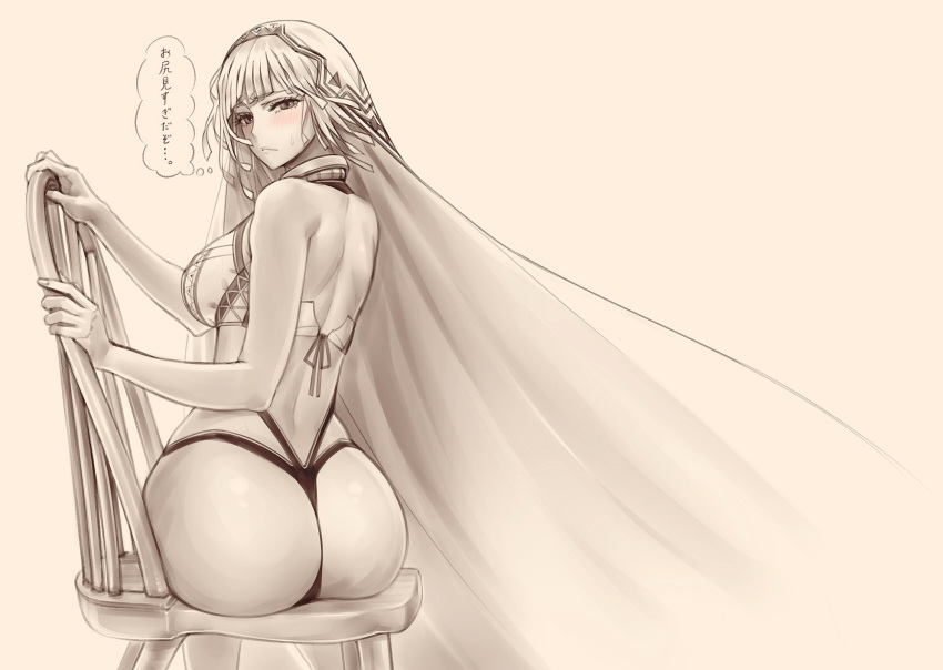 1girl altera_(fate) ass blush breasts chair fate/grand_order fate_(series) from_behind hayama_kazusa highres looking_back midriff monochrome sitting veil